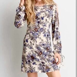 American Eagle Outfitters Cream Blue & Brown Floral Dress with Open Slit Sleeves